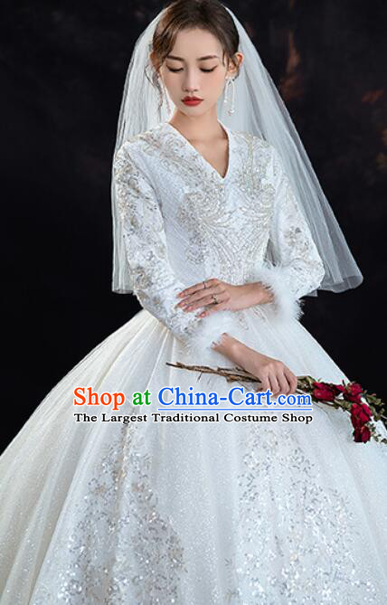 Bride Wedding Dress Top Winter Long Sleeve Dress Court Style Wedding Costume