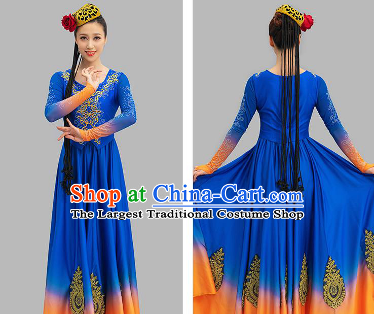 Chinese National Dance Costume Xin Jiang Dance Blue Dress Art Competition Uygur Ethnic Dance Clothing