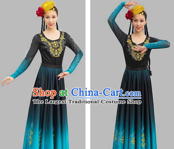 Chinese Art Competition Uygur Ethnic Dance Clothing National Dance Costume Xin Jiang Dance Black and Blue Dress