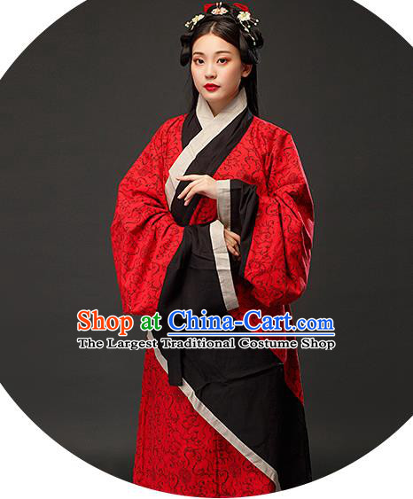 Chinese Han Dynasty Woman Red Dress Ancient TV Series Hanfu Clothing Traditional Curving Front Robe Costume