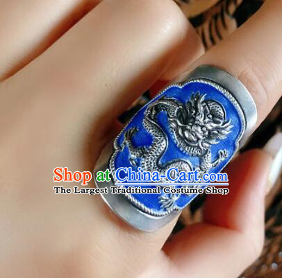 Chinese National Blueing Silver Ring Jewelry Traditional Handmade Accessories Retro Carving Dragon Circlet