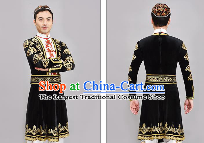 Chinese Ethnic Male Group Dance Clothing Xinjiang Dance Black Outfit Uyghur Nationality Dance Costume