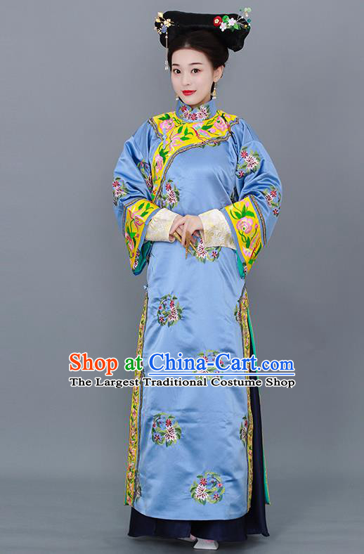 Chinese Qing Dynasty Manchu Lady Costume Ancient Imperial Consort Clothing Court Empress Blue Dress