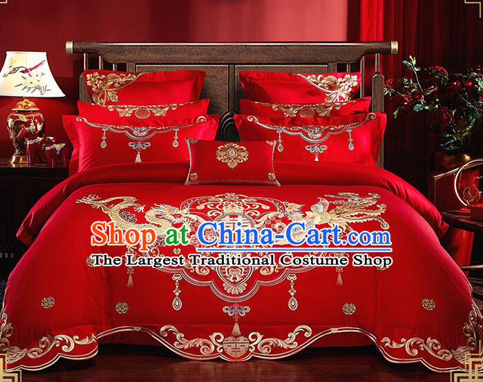 Top Long Staple Cotton Bedding Items Chinese Red Wedding Bedclothes Embroidery Dragon and Phoenix Four Pieces Set