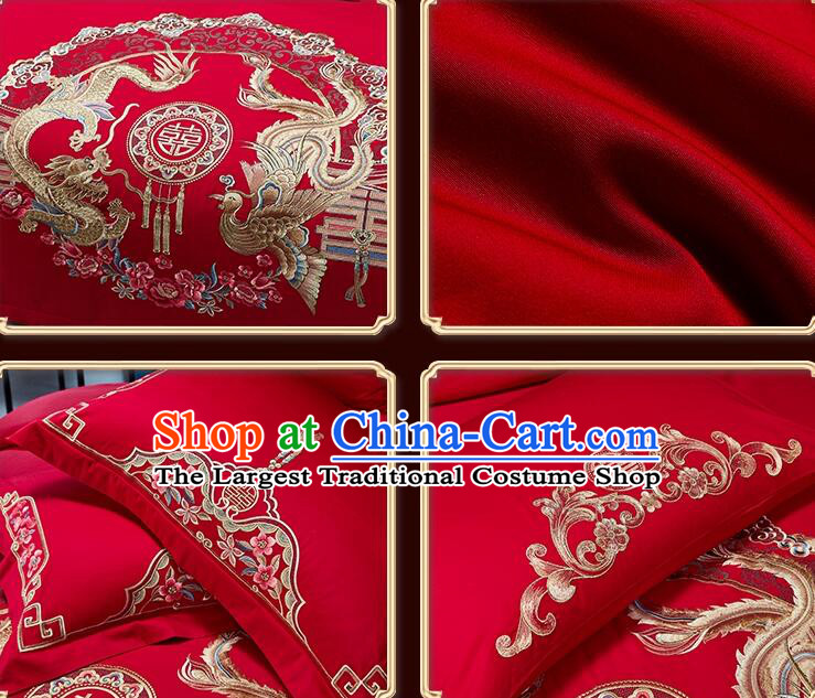Top Embroidery Dragon and Phoenix Four Pieces Set Long Staple Cotton Bedding Items Chinese Red Wedding Bedclothes