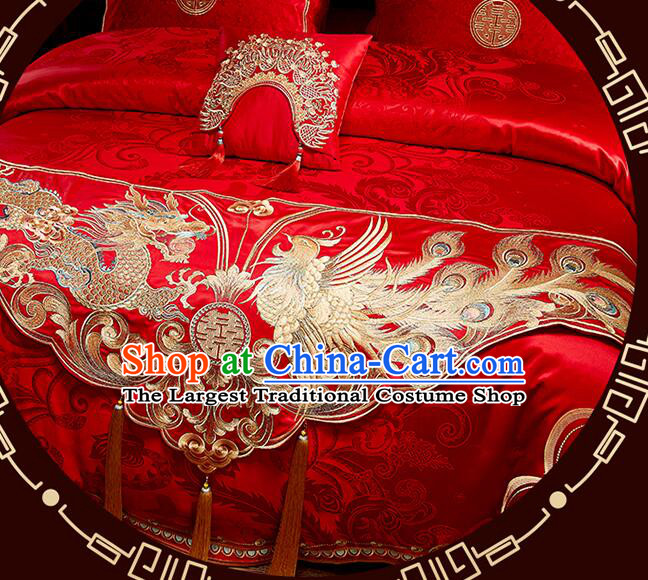 Chinese Wedding Bedclothes Top Embroidery Dragon and Phoenix Red Four Pieces Set Long Staple Cotton Bedding Items