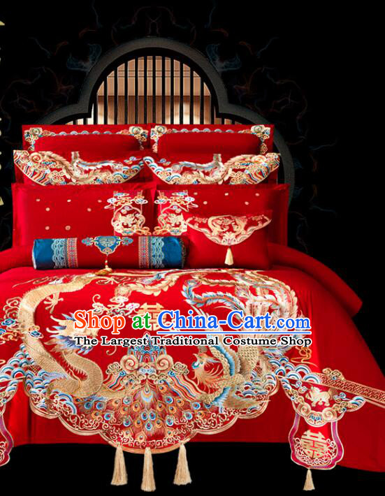 Chinese Long Staple Cotton Bedding Items Wedding Bedclothes Top Embroidery Dragon and Phoenix Red Four Pieces Set