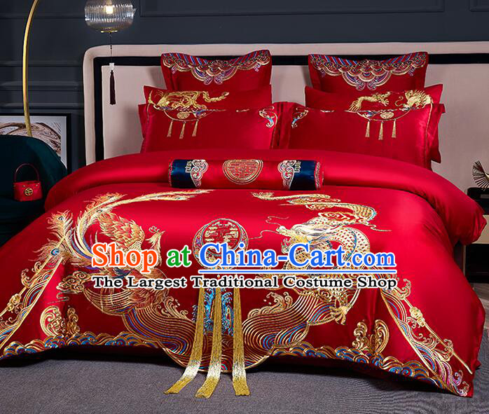 Chinese Embroidery Dragon and Phoenix Red Four Pieces Set Top Long Staple Cotton Bedding Items Wedding Bedclothes