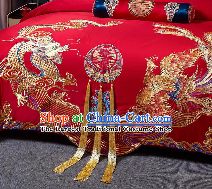 Chinese Embroidery Dragon and Phoenix Red Four Pieces Set Top Long Staple Cotton Bedding Items Wedding Bedclothes