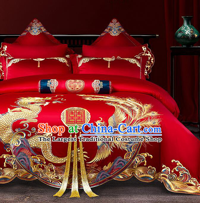 Chinese Wedding Bedclothes Embroidery Dragon and Phoenix Red Four Pieces Set Top Long Staple Cotton Bedding Items