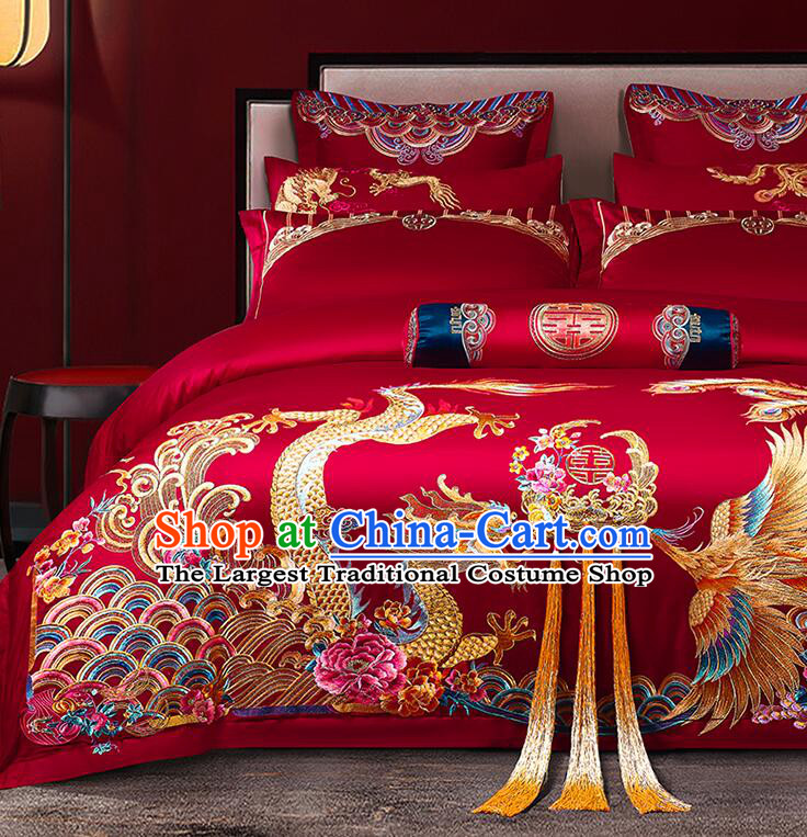 Chinese Embroidery Dragon and Phoenix Peony Red Four Pieces Set Long Staple Cotton Bedding Items Top Wedding Bedclothes