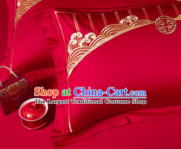 Chinese Embroidery Dragon and Phoenix Peony Red Four Pieces Set Long Staple Cotton Bedding Items Top Wedding Bedclothes
