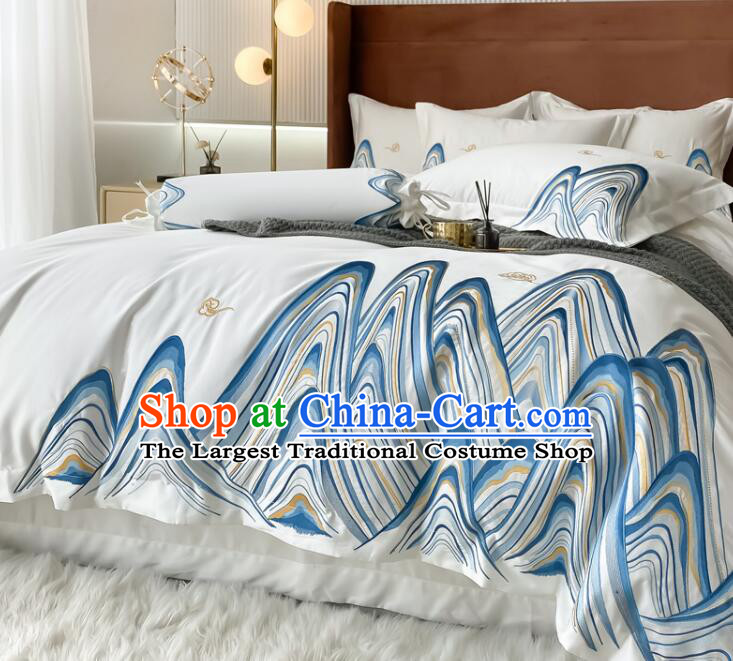 Top Long Staple Cotton Bedclothes Chinese Embroidery Landscape White Four Pieces Bedding Items Set