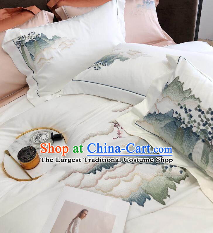 Top Cotton Landscape Bedclothes Chinese Embroidery White Four Pieces Bedding Items Set