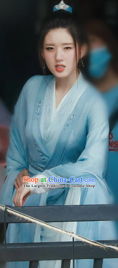Chinese TV Series Qie Shi Tian Xia Bai Feng Xi Garment Costumes Ancient Female Knight Clothing Swordswoman Blue Dress