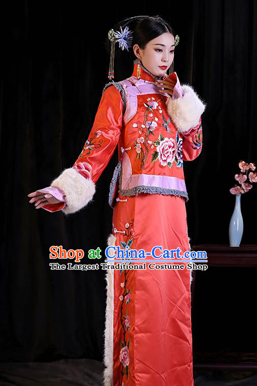 Chinese Ancient Imperial Consort Winter Clothing Court Woman Dress Qing Dynasty Court Empress Red Garment Costumes