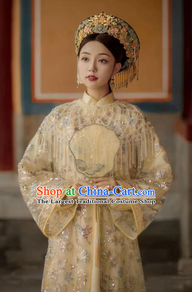 Chinese Qing Dynasty Imperial Consort Garment Costumes Ancient Empress Light Yellow Dresses Traditional Court Woman Clothing