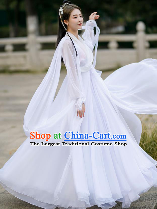 Chinese Traditional White Hanfu Dress Swordswoman Garment Costumes Ancient Fairy Clothing