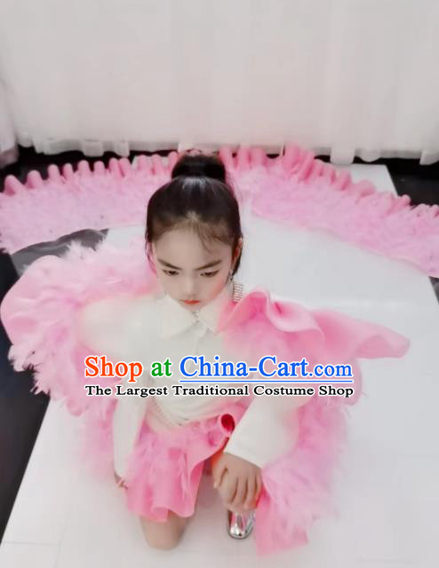 Girls Stage Show Clothing Children Fashion Catwalks Pink Feather Outfit Modern Fancywork Garment Costume