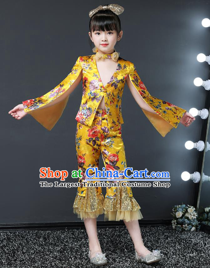 Girls Modern Fancywork Garment Costume Stage Show Clothing Children Fashion Catwalks Golden Suit