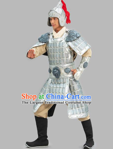 Chinese Ancient General Clothing Three Kingdoms Period Warrior Garment Costumes Traditional Argenta Armor and Helmet Complete Set