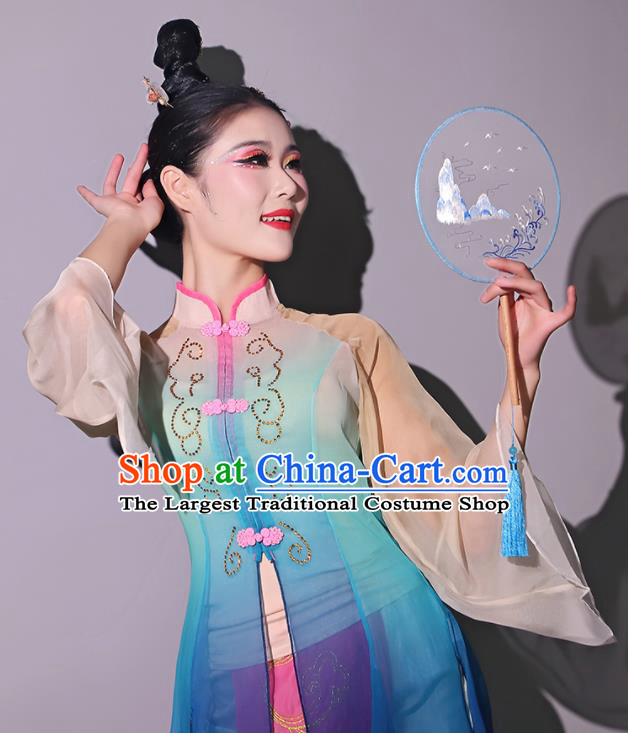 Chinese Fan Dance Blue Dress Dancing Competition Clothing Classical Dance Garment Fang Chun Xing Costumes