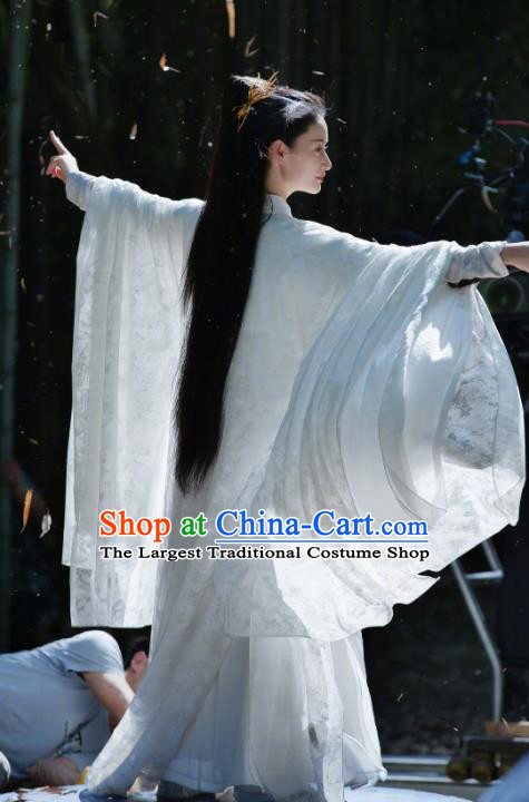 Chinese Ancient Swordswoman White Dress Clothing Love Between Fairy and Devil Xie Wan Qing Garment Costumes