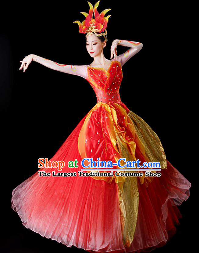 Top Stage Performance Fashion Opening Dance Clothing Modern Dance Red Dress Women Group Dance Costume