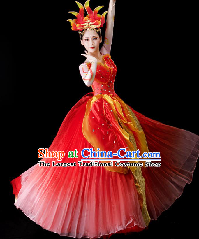 Top Stage Performance Fashion Opening Dance Clothing Modern Dance Red Dress Women Group Dance Costume