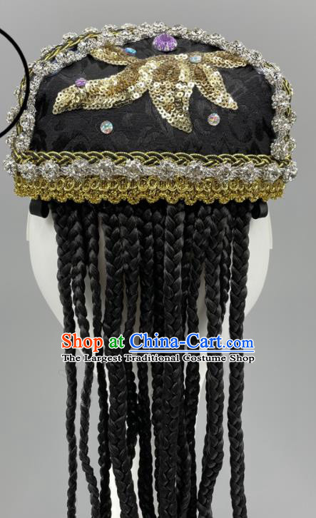 Chinese Stage Performance Braids Headpiece Xinjiang Dance Embroidered Hat Uyghur Nationality Dance Black Hat Ethnic Woman Dance Headwear