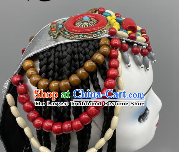 Chinese Tibetan Dance Beads Hair Jewelry Ethnic Woman Performance Headwear Folk Dance Headpiece Zang Nationality Dance Headdress