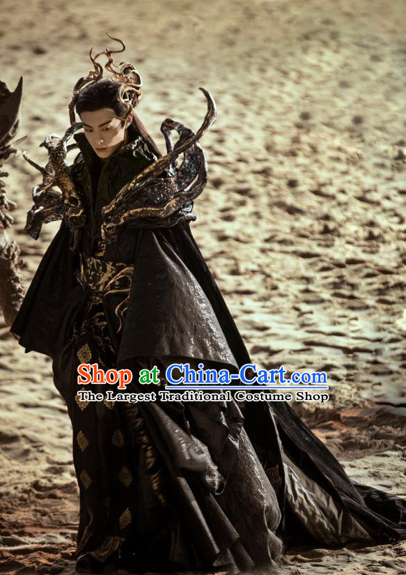 Chinese Ancient Demon Lord Garment Costumes TV Series Love Between Fairy and Devil Dongfang Qing Cang Black Clothing