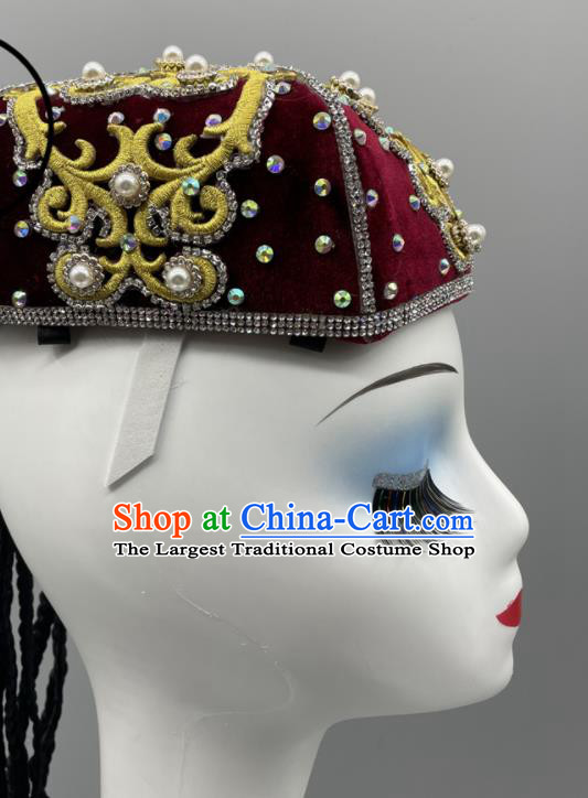 Chinese Ethnic Woman Dance Headwear Stage Performance Braids Headpiece Xinjiang Dance Wine Red Hat Uyghur Nationality Dance Pearls Hat