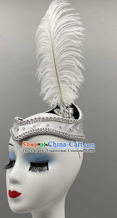 Chinese Ethnic Woman Dance Headwear Folk Dance Headpiece Xinjiang Dance Headdress Uyghur Nationality Dance White Feather Hat