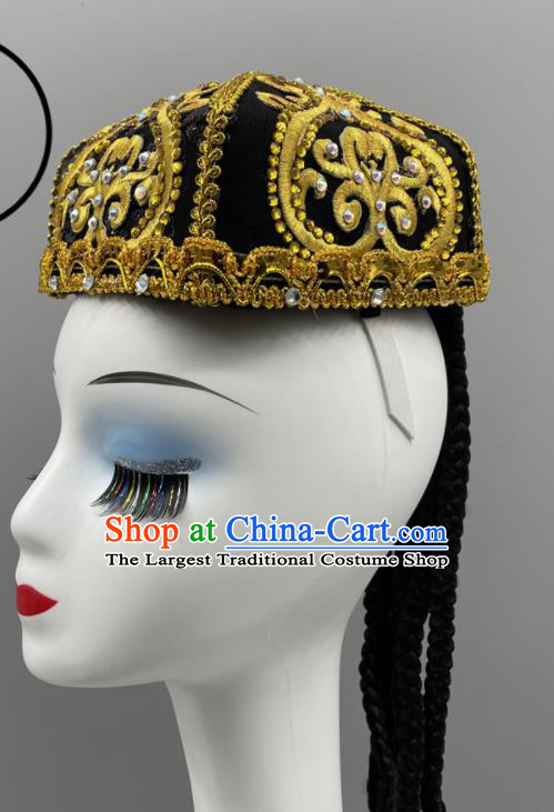 Chinese Xinjiang Dance Hat Uyghur Nationality Dance Black Hat Ethnic Woman Dance Headwear Stage Performance Braids Headpiece