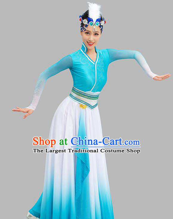 Chinese Mongol Nationality Dance Garment Costume Mongolian Dance Light Blue Dress Ethnic Dance Suit