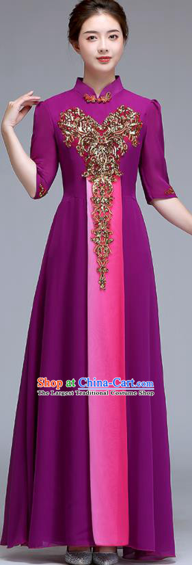 Chinese Stage Performance Garment Costume Women Chorus Group Clothing Professional Compere Purple Full Dress
