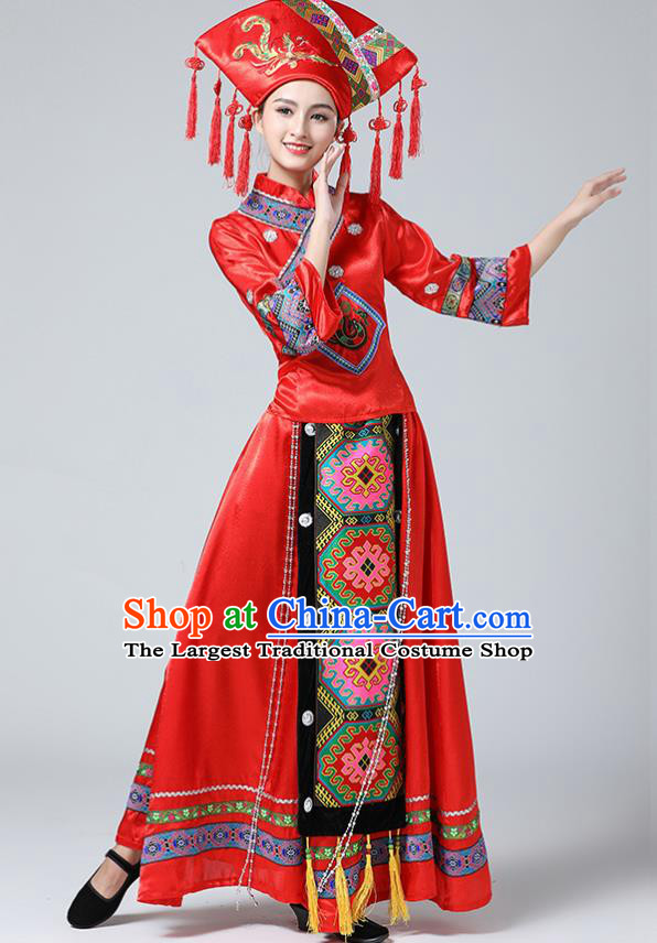 China Ethnic Wedding Women Clothing Guangxi Minority Festival Costume Zhuang Nationality Dance Red Dress