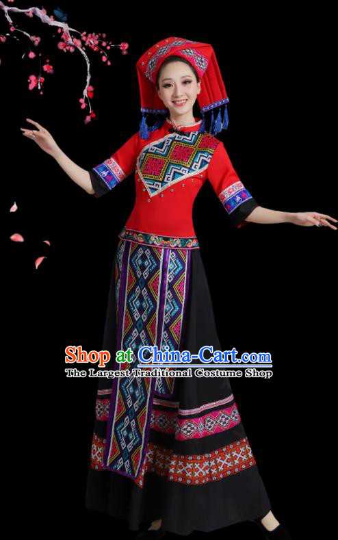 China Ethnic Women Festival Clothing Yunnan Minority Folk Dance Costume Yao Nationality Red Dress
