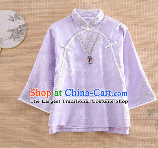 Chinese Embroidered Qipao Upper Outer Garment Traditional Cheongsam Blouse Light Purple Long Sleeves Shirt