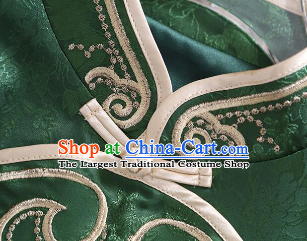 Chinese Deep Green Long Sleeves Shirt Traditional Cheongsam Blouse Embroidered Qipao Upper Outer Garment