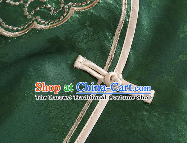 Chinese Deep Green Long Sleeves Shirt Traditional Cheongsam Blouse Embroidered Qipao Upper Outer Garment