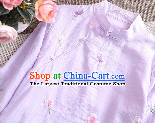 Chinese Qipao Upper Outer Garment Light Pink Tencel Shirt Traditional Cheongsam Embroidered Blouse