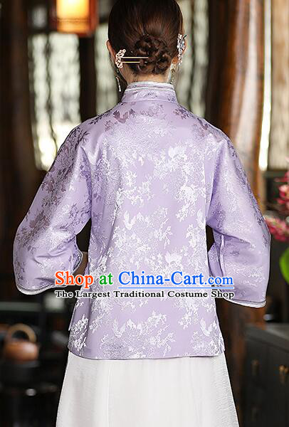 Chinese Jacquard Light Purple Shirt Traditional Cheongsam Blouse Qipao Upper Outer Garment