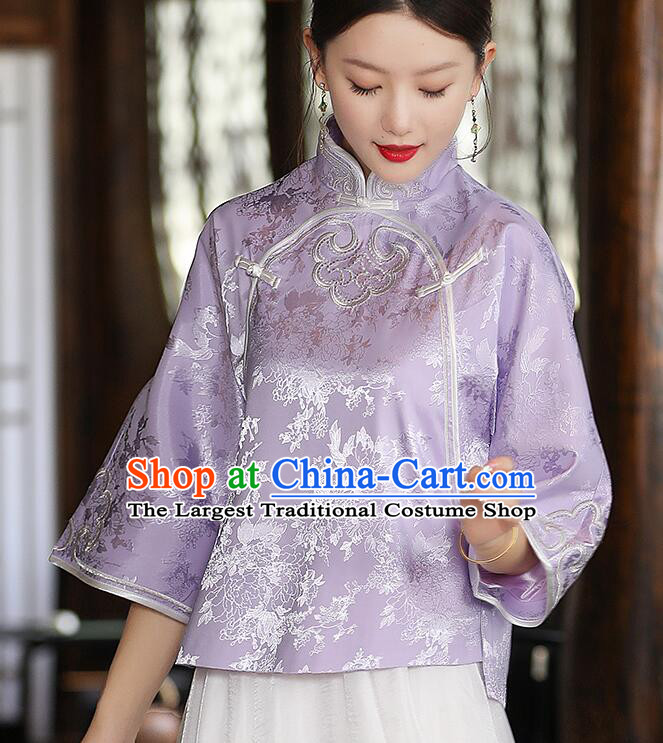 Chinese Jacquard Light Purple Shirt Traditional Cheongsam Blouse Qipao Upper Outer Garment