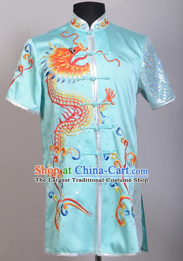 Chinese Embroidered Dragon Light Blue Outfit Martial Arts Changquan Uniforms Kung Fu Costumes Traditional Wushu Competition Clothing