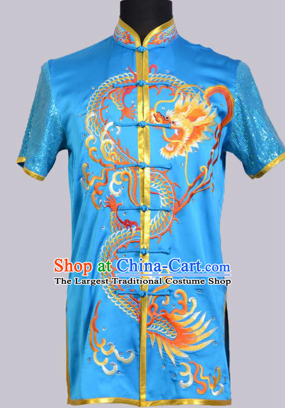 Chinese Traditional Wushu Competition Clothing Embroidered Dragon Sky Blue Outfit Martial Arts Changquan Uniforms Kung Fu Costumes