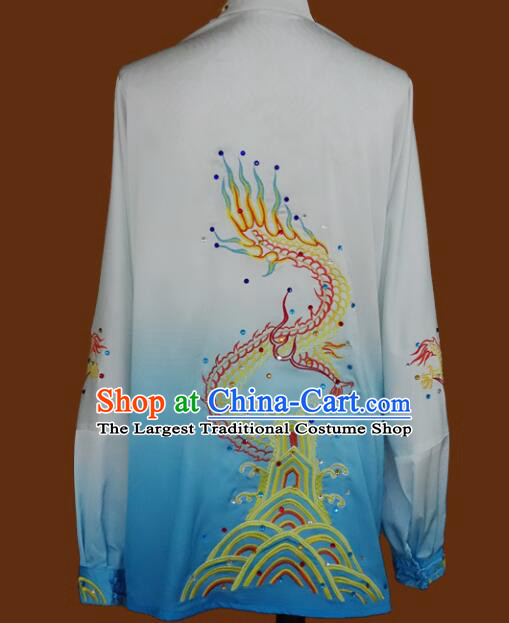 Chinese Martial Arts Gradient Blue Uniforms Kung Fu Costumes Traditional Wushu Competition Clothing Changquan Embroidered Dragon Outfit