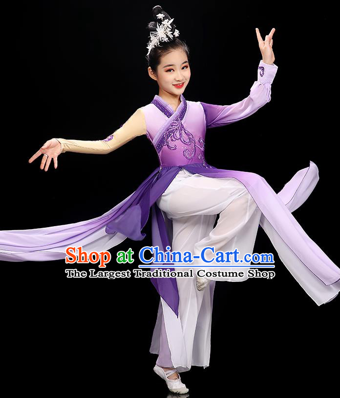 Chinese Umbrella Dance Purple Dress Stage Performance Dancewear Children Fan Dance Clothing Classical Dance Garment Costume