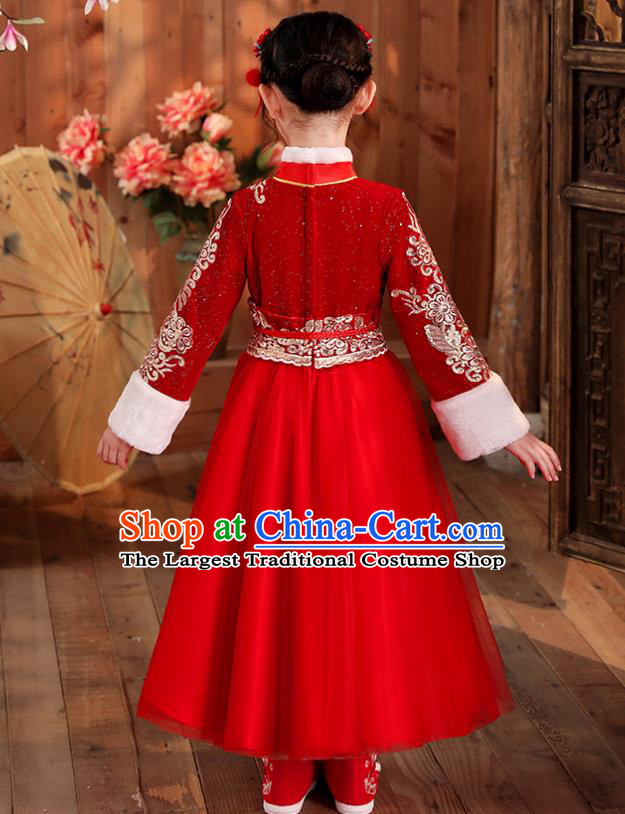 Chinese Traditional New Year Dancewear Children Fan Dance Clothing Folk Dance Garment Costume Yangko Dance Red Dress Uniform